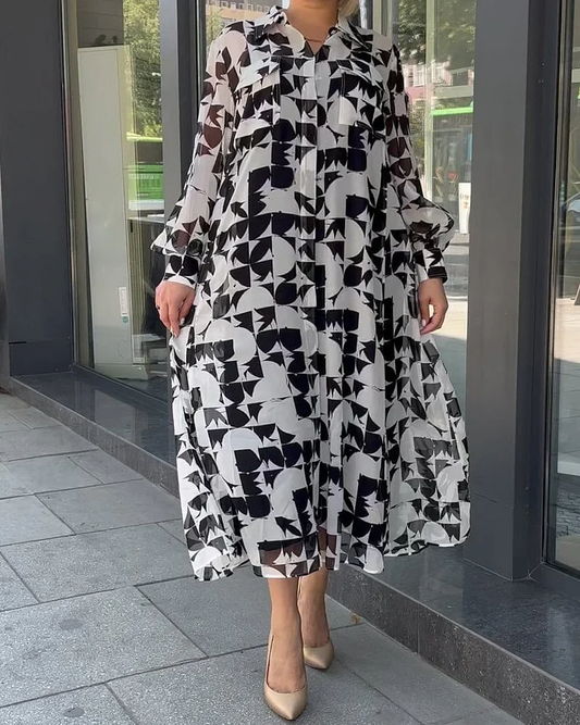 Vestido casual de manga larga con solapas a la moda y cuello vuelto