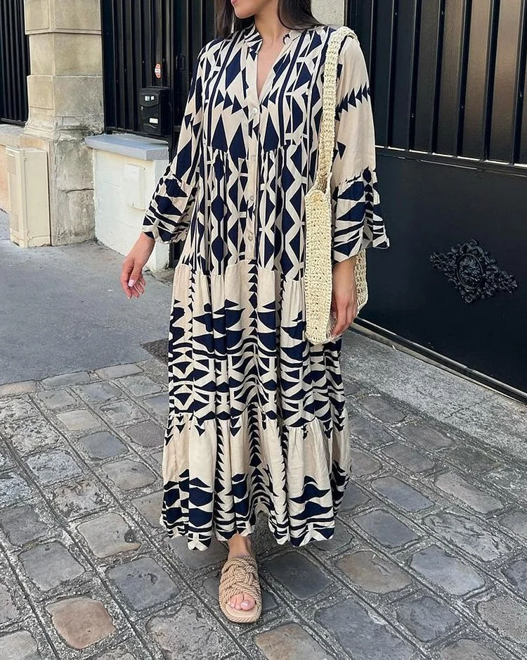 Vestido con estampado, manga larga y escote en V
