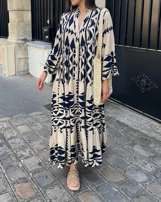 Vestido con estampado, manga larga y escote en V