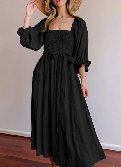 Elegantes vestidos de línea A con escote cuadrado y volantes fijos