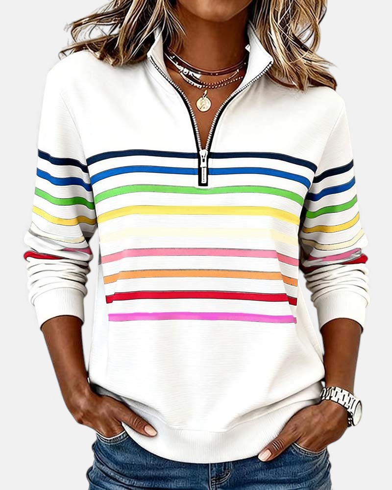 Damska Bluza Pullover W Paski Z Zamkiem Pod Szyją