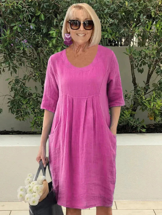 Vestido midi de verano casual con mangas cortas y bolsillos funcionales
