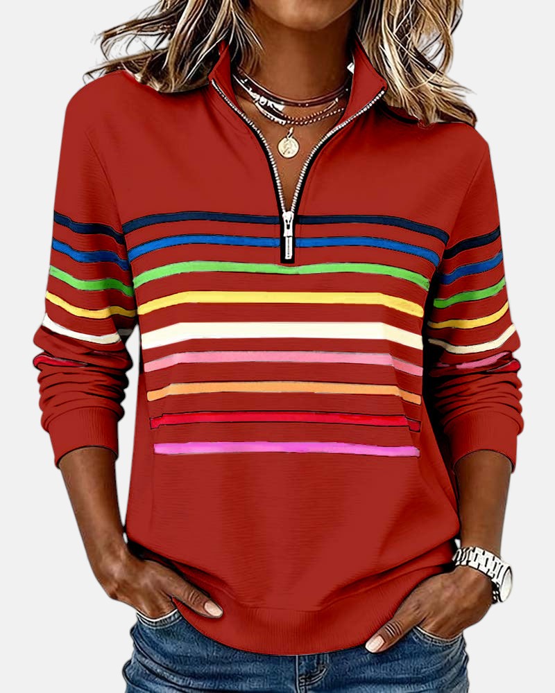 Damska Bluza Pullover W Paski Z Zamkiem Pod Szyją