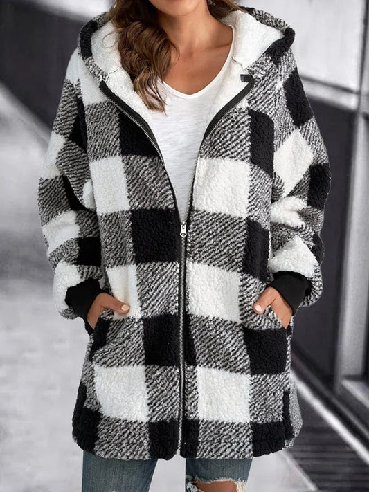 Chaqueta oversize de mujer con capucha y cuadros | Abrigo amplio y cómodo