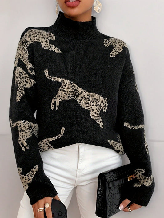 Leopardo patrón de cuello alto Señoras | elegante| mangas largas | otoño e invierno