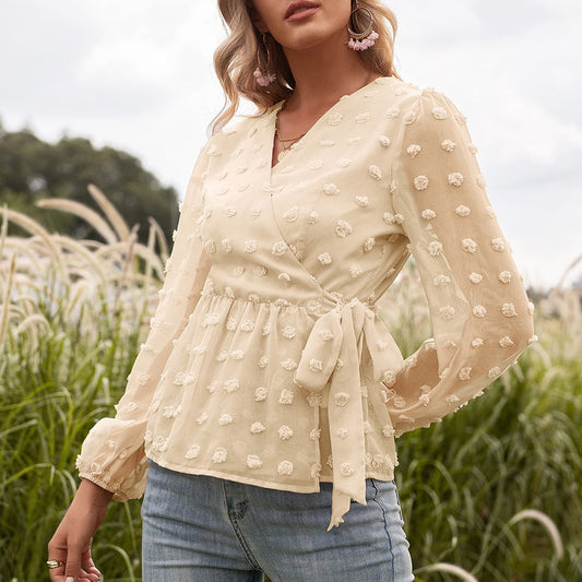 Anita Blusa de Primavera de Encaje Jacquard con Cuello en V para Mujer