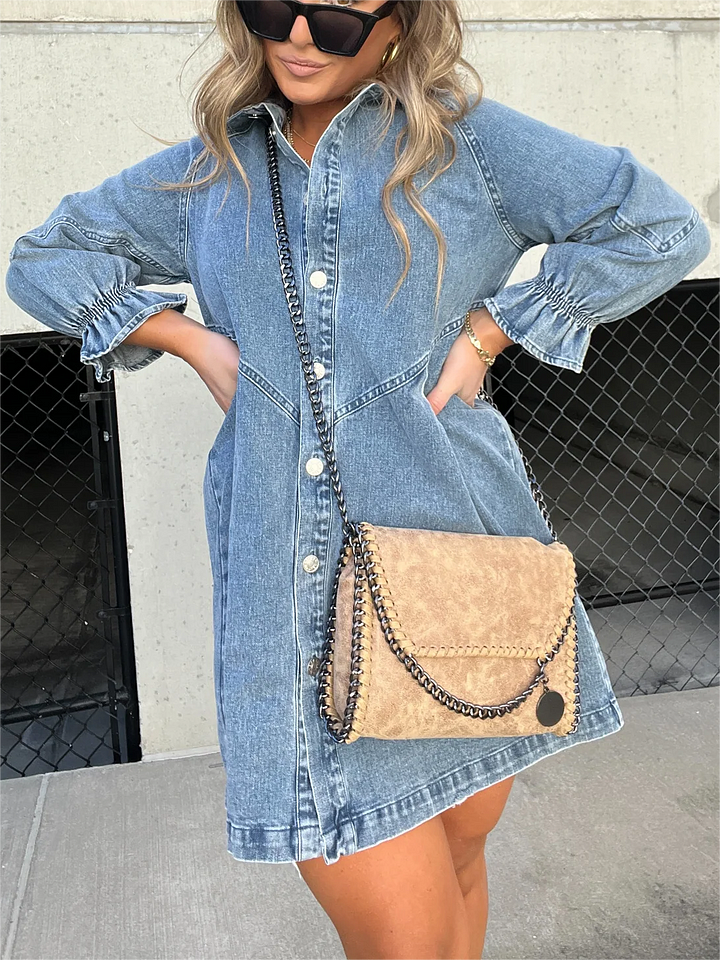 Vestido vaquero lavado con mangas abullonadas