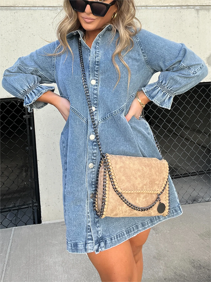 Vestido vaquero lavado con mangas abullonadas