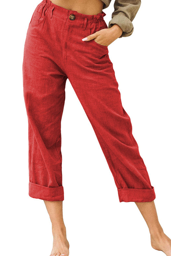pantalones de algodón y lino de cintura alta de moda sueltos