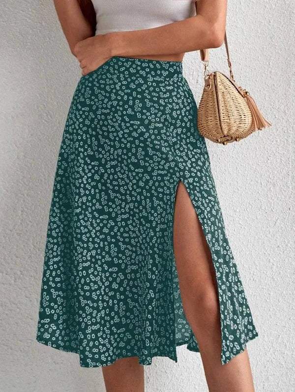 Falda Midi | Estampado floral | Cintura alta, Elegante abertura, Tejido vaporoso | Perfecta para los días de verano