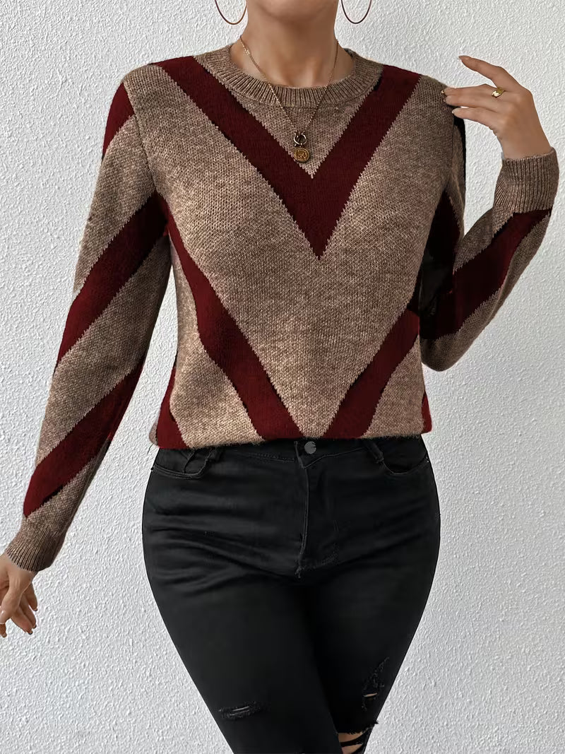 Sweter Damski ze Wzorem Chevron i Długim Rękawem