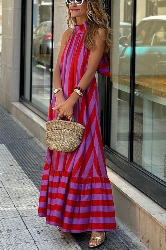 Vestido maxi de línea A en mezcla de lino con escote halterneck a rayas