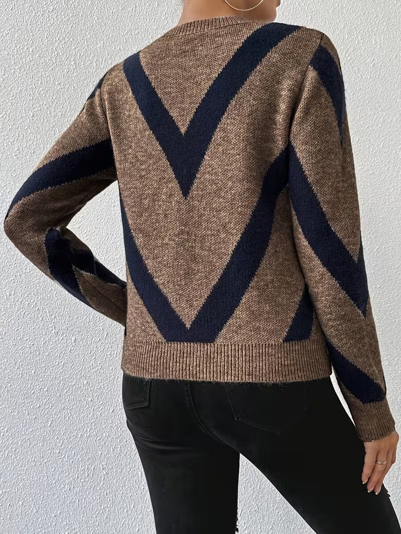 Sweter Damski ze Wzorem Chevron i Długim Rękawem