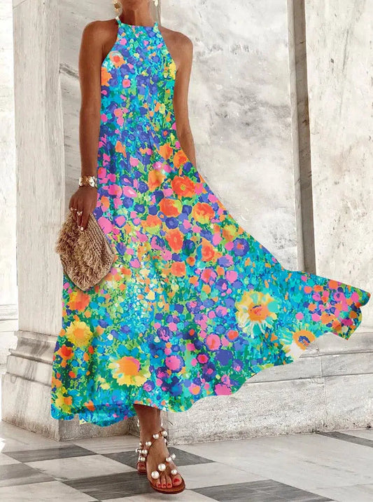 Vestido estampado sin mangas con cuello halterneck