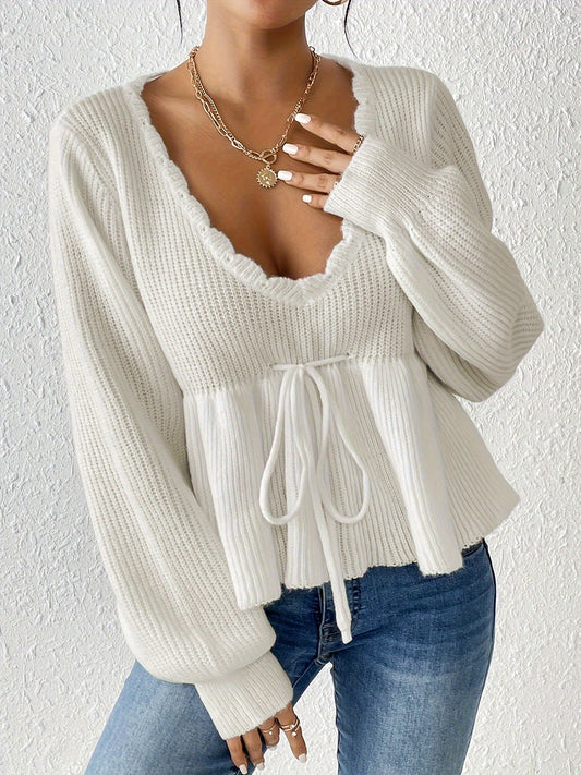 Ryna Sweater | Jersey blanco con cordón en la cintura y escote bajo