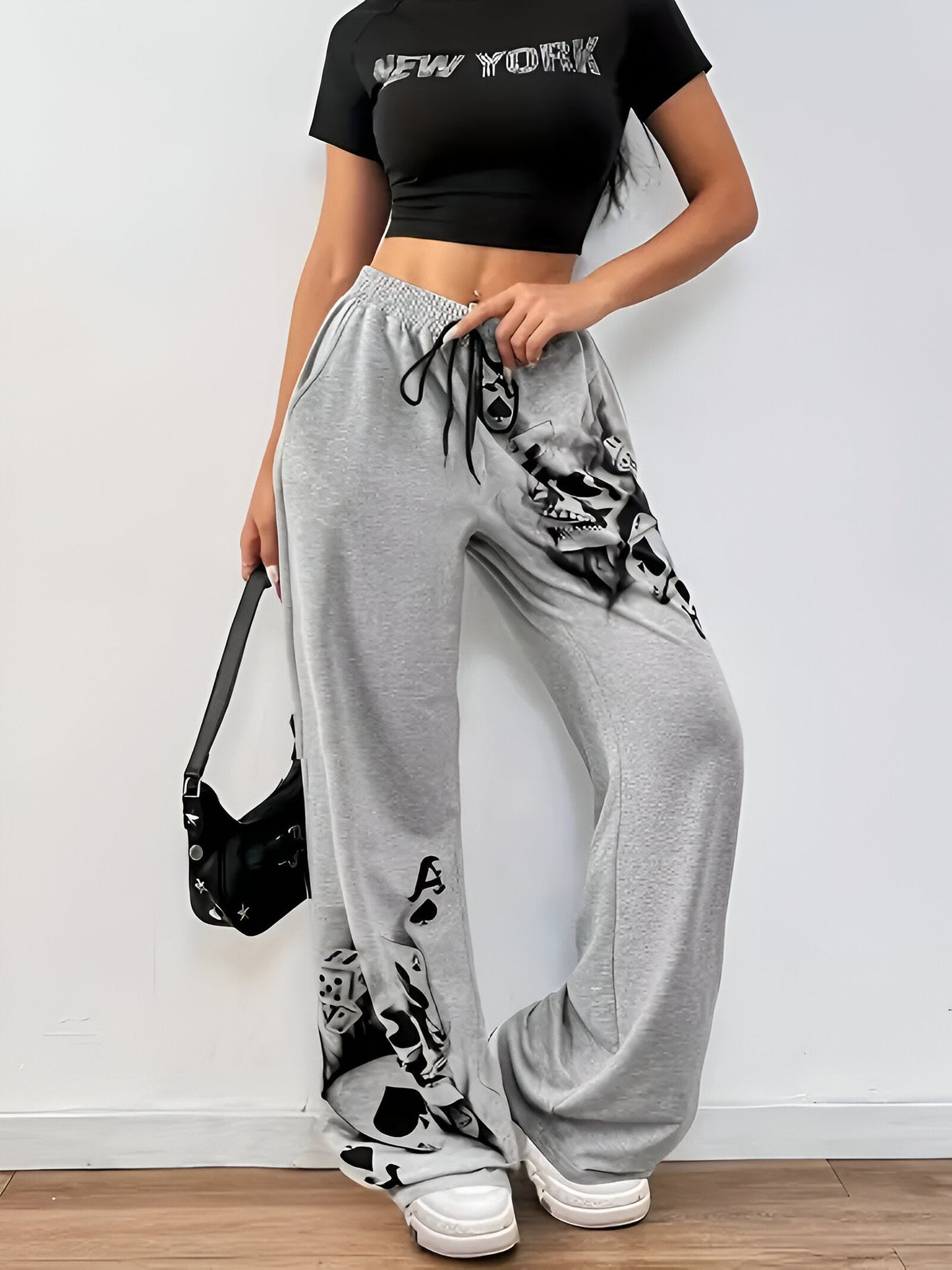 Pantalones anchos casuales con estampado ahumado en tinta