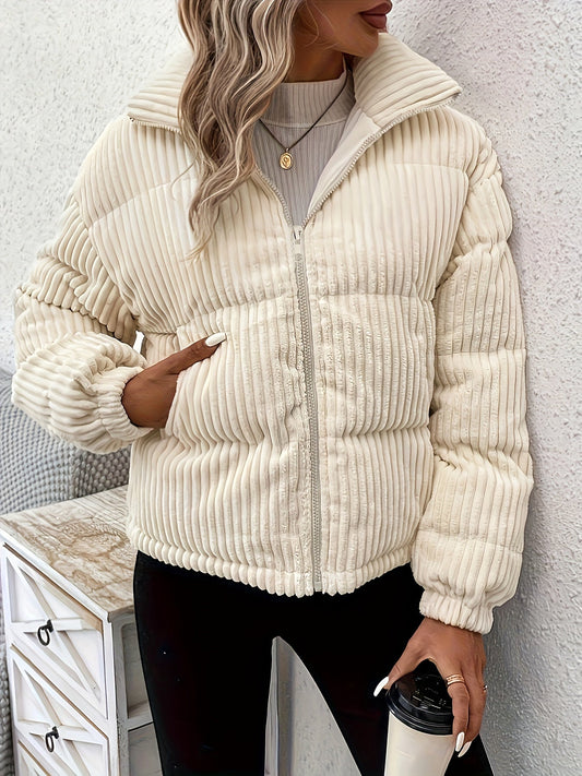Elegante chaqueta de punto acanalado beige con cremallera y bolsillos para mujer | Ideal para otoño/invierno