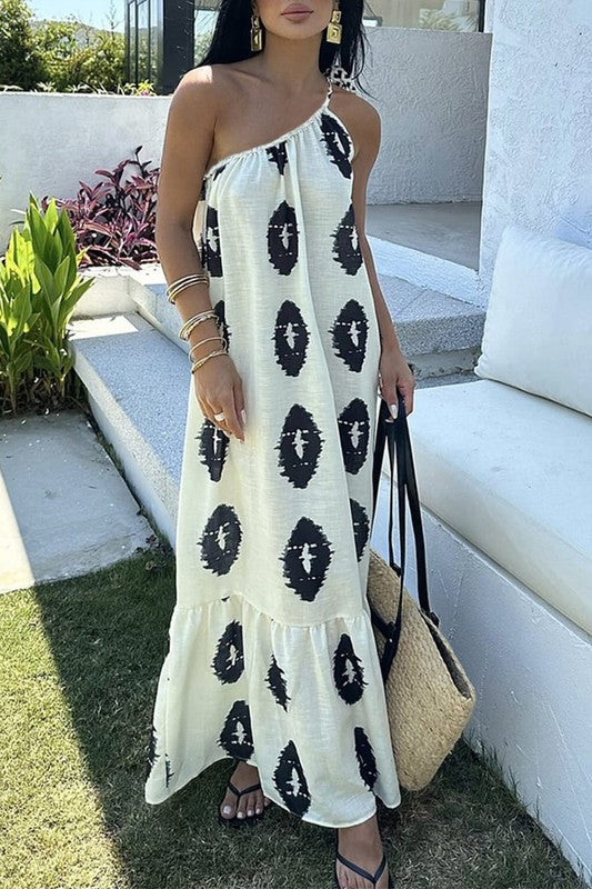 Vestido maxi blanco estampado con tirantes en un hombro