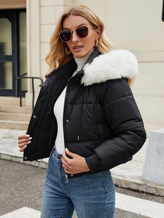 Elegante chaqueta corta de invierno con capucha de piel para mujer | Ideal para otoño/invierno
