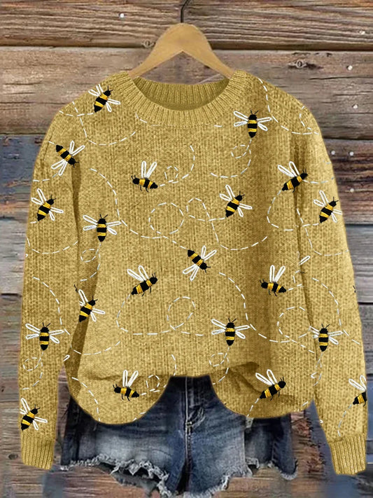 Acogedor jersey de punto con motivo de abeja voladora bordada