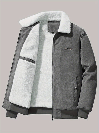 Chaqueta de invierno casual retro de pana polar con parche de etiqueta para hombre | Ideal para otoño/invierno