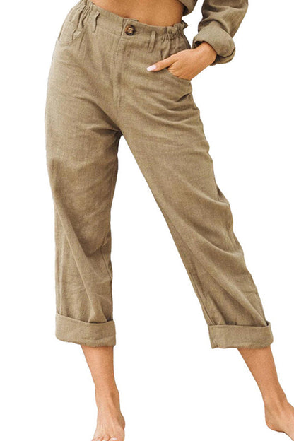 pantalones de algodón y lino de cintura alta de moda sueltos