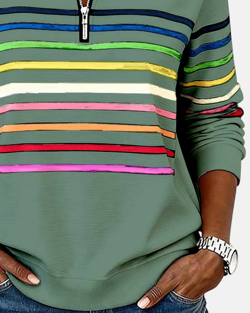Damska Bluza Pullover W Paski Z Zamkiem Pod Szyją
