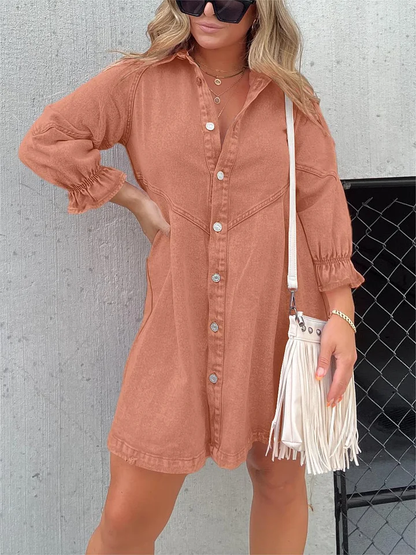 Vestido vaquero lavado con mangas abullonadas