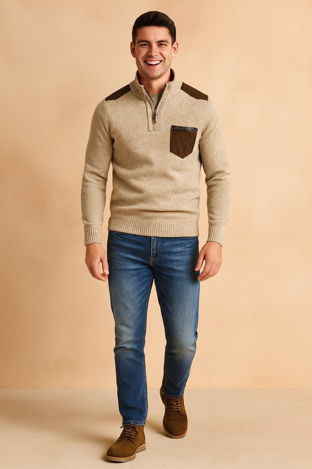 Męski Wełniany Sweter Quarter Zip Pulower Dzianinowy Sweter