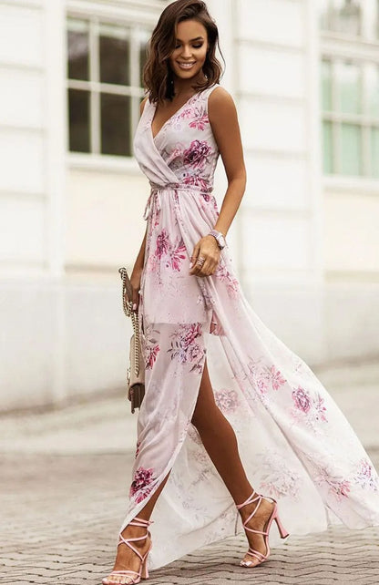 Vestido largo sin mangas con escote cruzado y delicado estampado floral