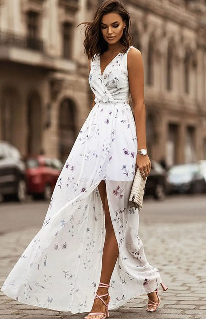 Vestido largo sin mangas con escote cruzado y delicado estampado floral