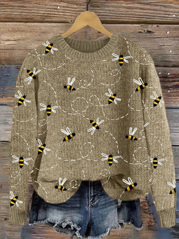 Acogedor jersey de punto con motivo de abeja voladora bordada