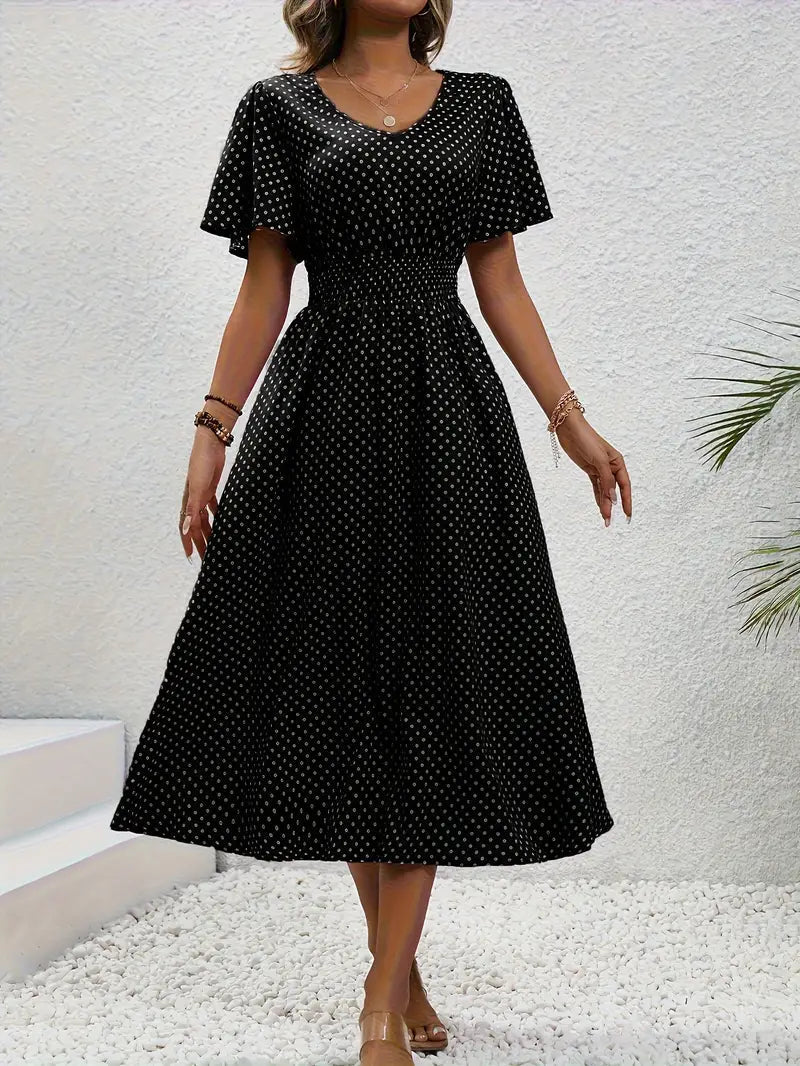 Vestido con estampado all-over y cintura redondeada, vestido casual con manga corta