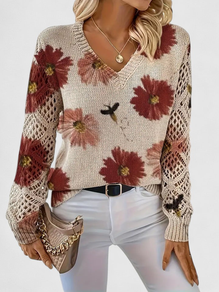 Damski Sweter V-Neck Wzór Kwiatowy