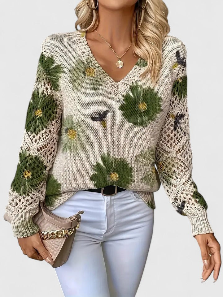 Damski Sweter V-Neck Wzór Kwiatowy