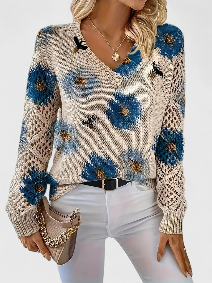 Damski Sweter V-Neck Wzór Kwiatowy