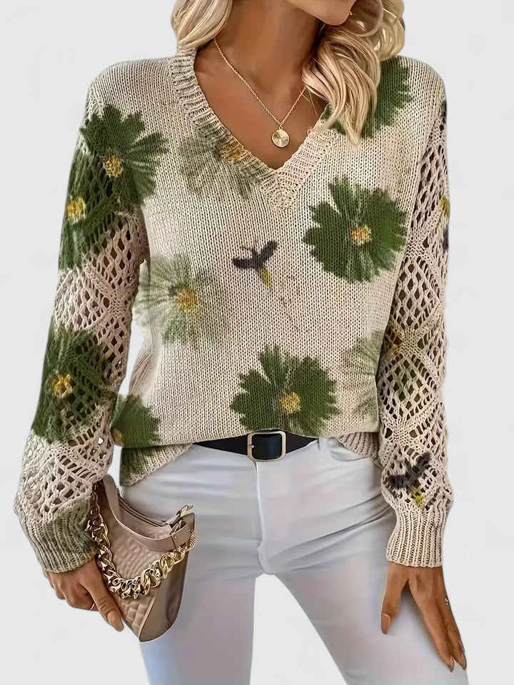 Damski Sweter V-Neck Wzór Kwiatowy