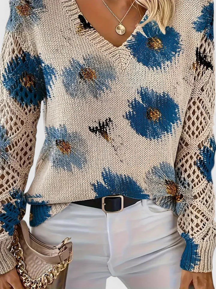 Damski Sweter V-Neck Wzór Kwiatowy