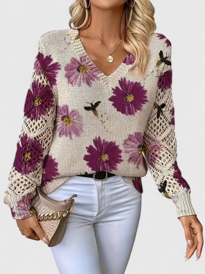 Damski Sweter V-Neck Wzór Kwiatowy