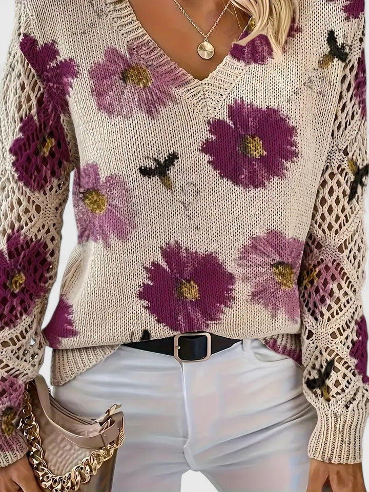 Damski Sweter V-Neck Wzór Kwiatowy