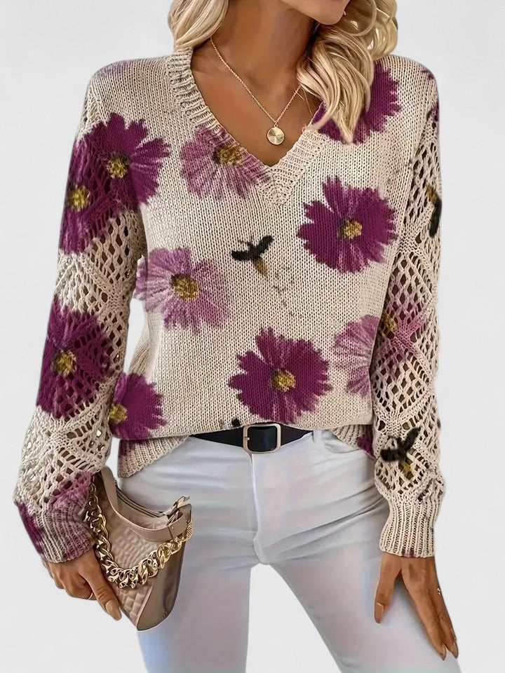 Damski Sweter V-Neck Wzór Kwiatowy