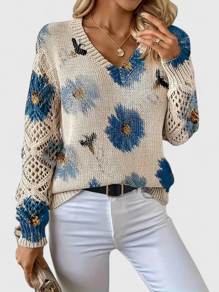 Damski Sweter V-Neck Wzór Kwiatowy