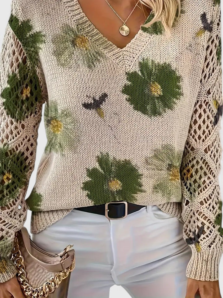 Damski Sweter V-Neck Wzór Kwiatowy