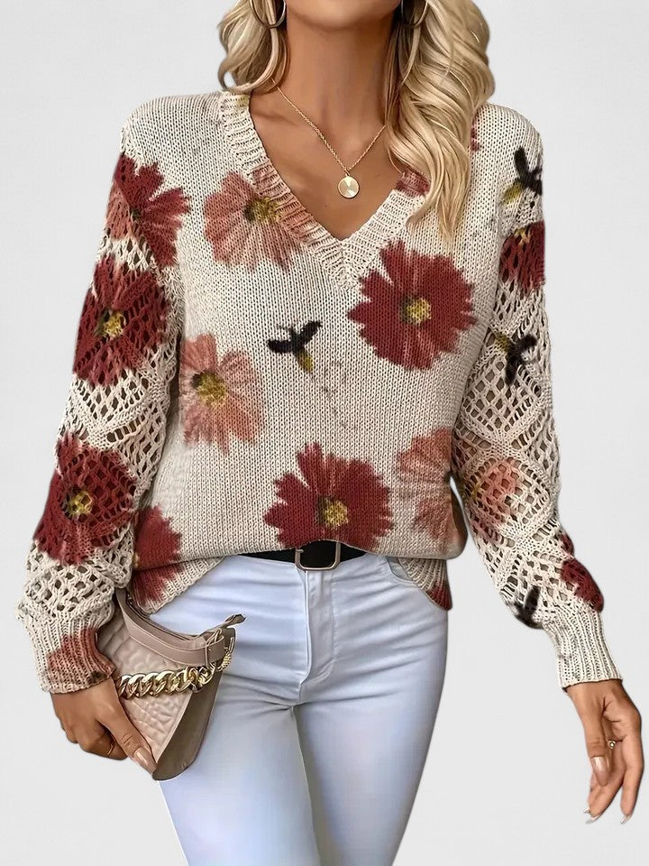 Damski Sweter V-Neck Wzór Kwiatowy