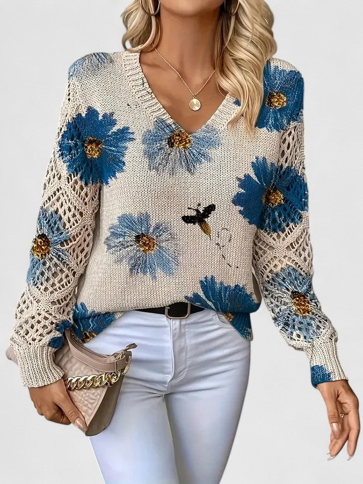 Damski Sweter V-Neck Wzór Kwiatowy