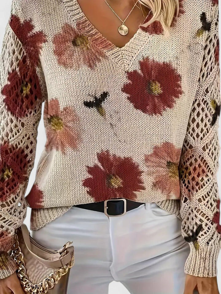 Damski Sweter V-Neck Wzór Kwiatowy