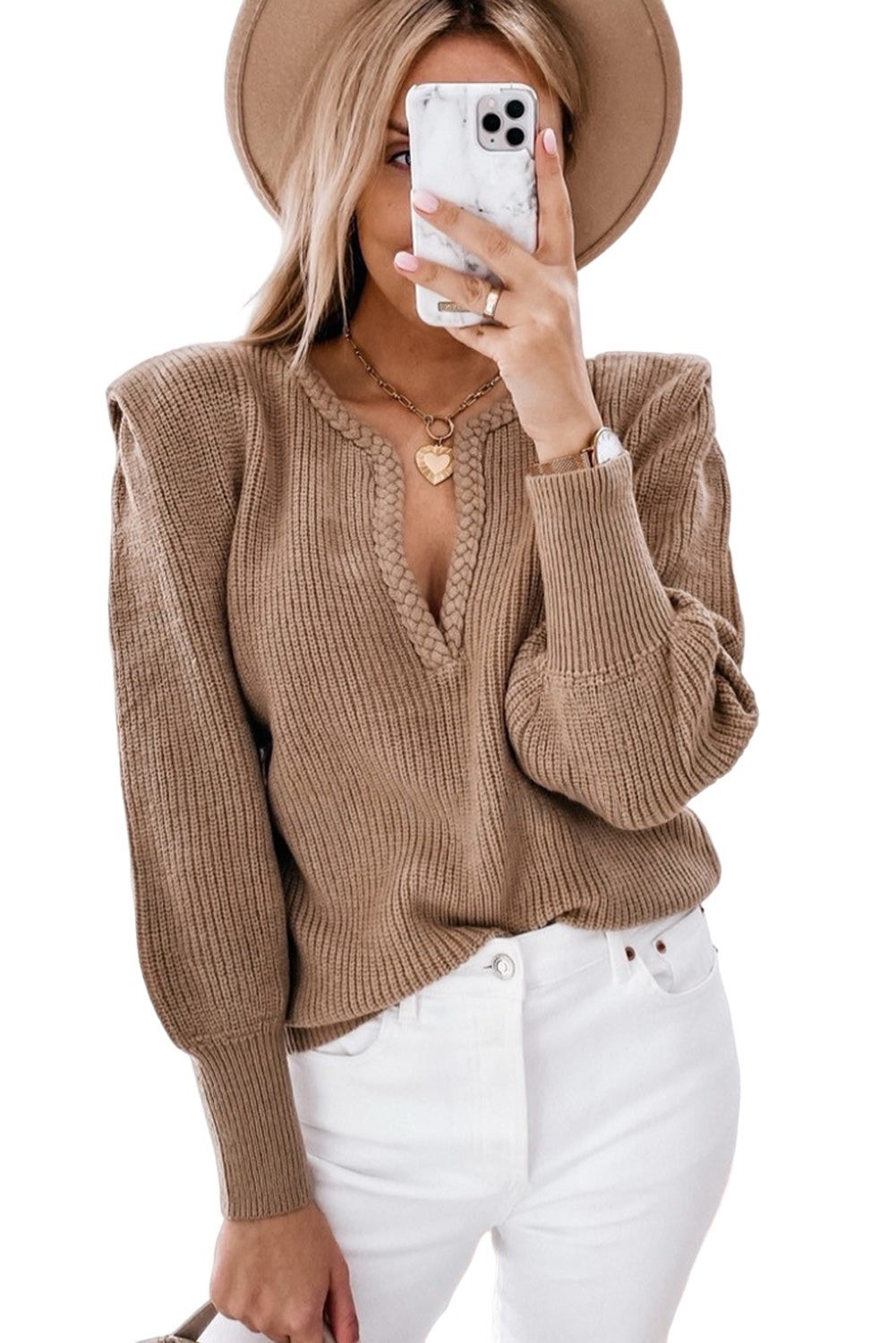 Melrose | Jersey de lujo con cuello de pico y mangas abullonadas