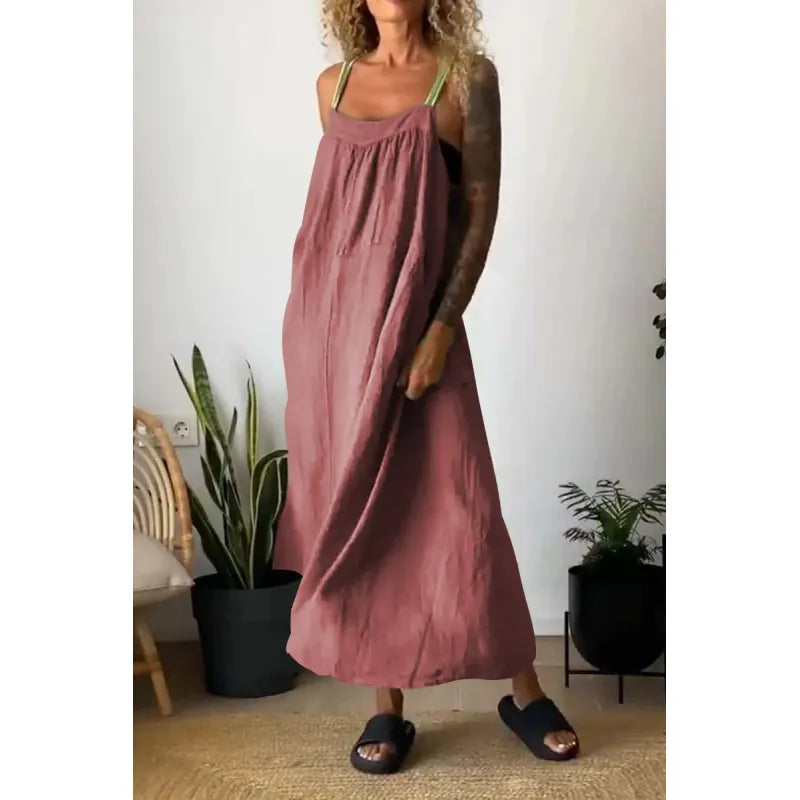Vestido largo de chambray con bolsillos y tirantes en contraste en azul beau