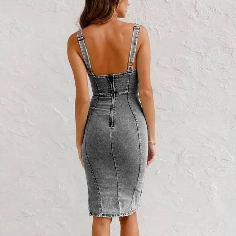 Damska Sukienka Midi Denim Z Rozcięciem