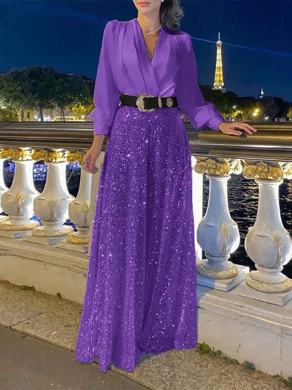 Damski Dwuчастиowy Komplet Bluzka V-Neck Szerokie Spodnie
